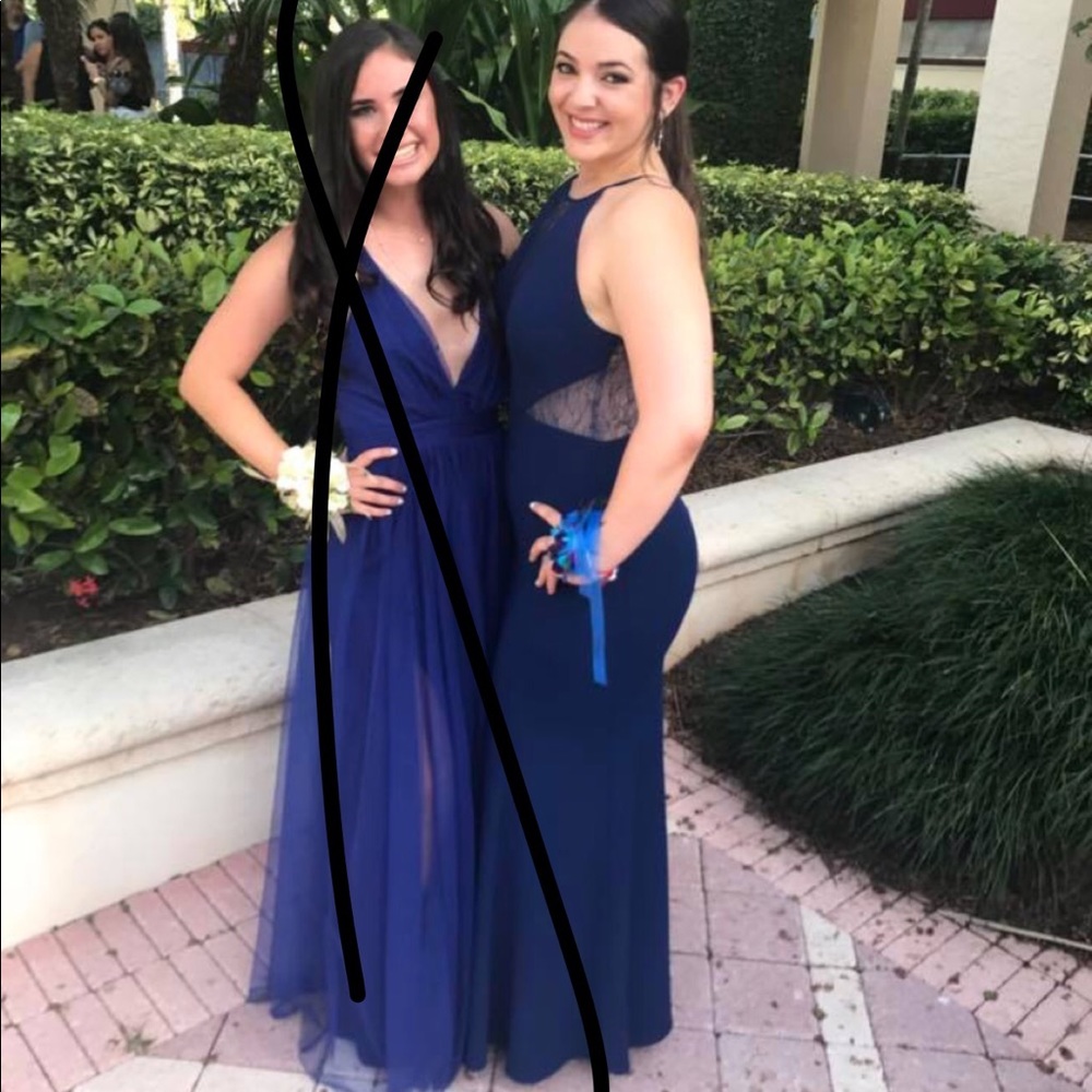 NAVY LACE PROM DRESS
